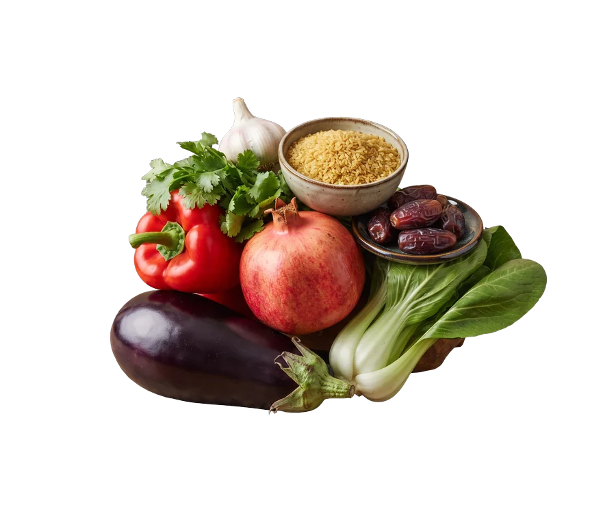 Stapel aus Gemüse, Hülsenfrüchten und Gewürzen
