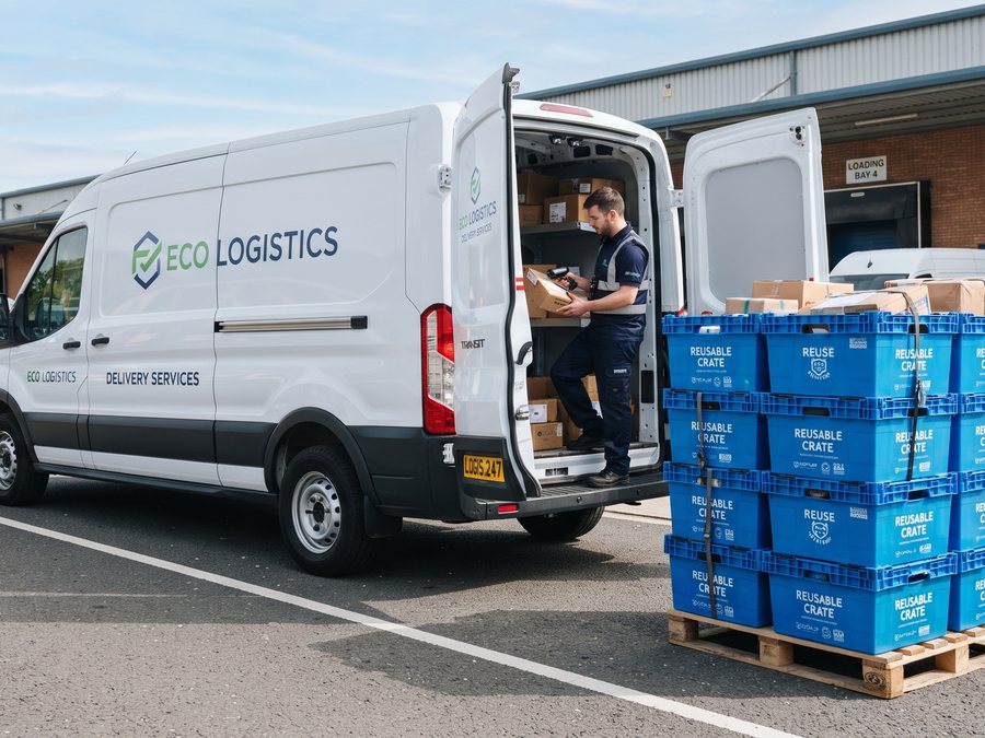 Mehrwegkisten und Elektro-Transporter am Lager